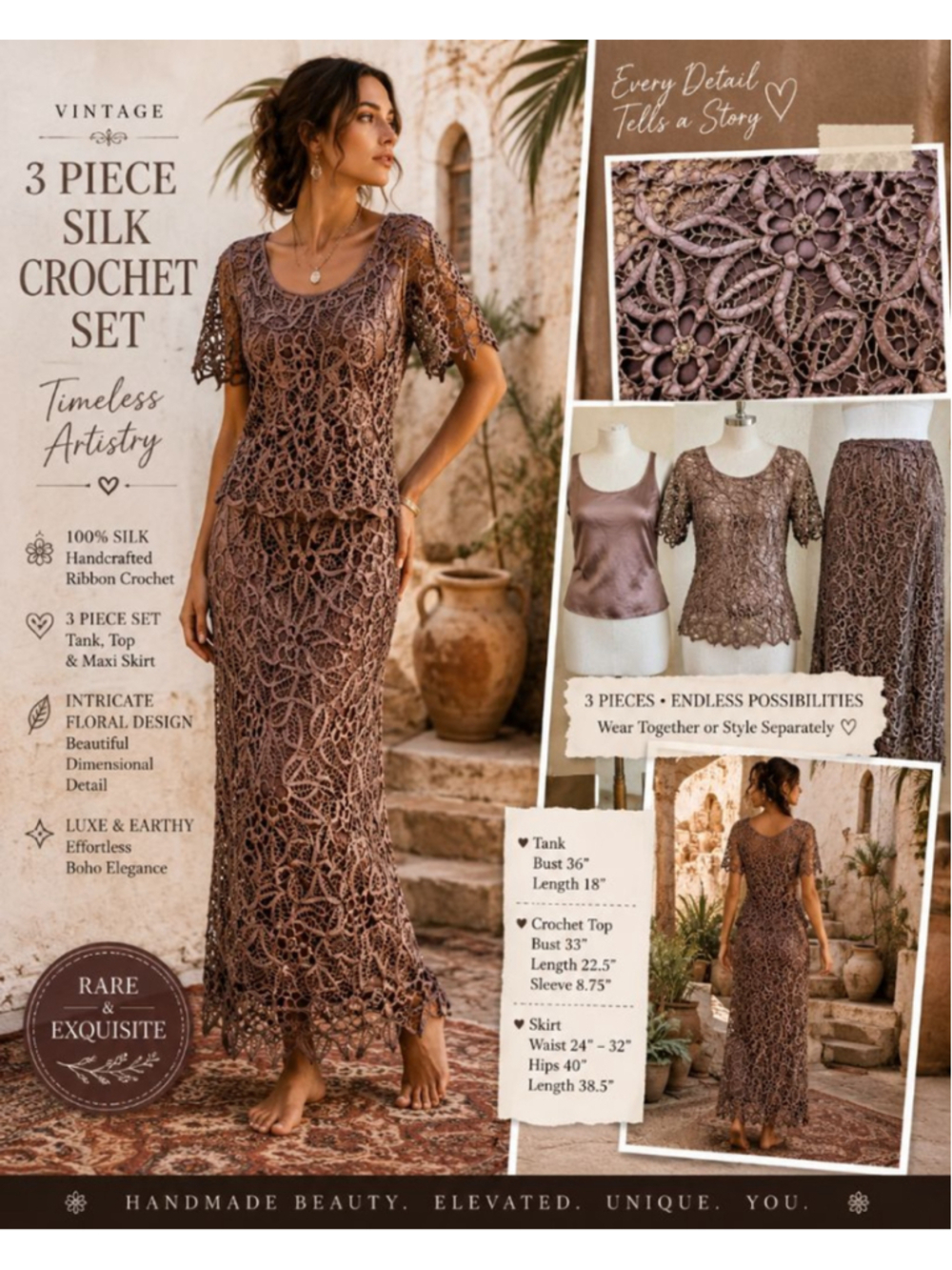 Vintage 3 Pc Silk Crochet Ribbon Lace Maxi Skirt Set Brown Boho Eveningwear S